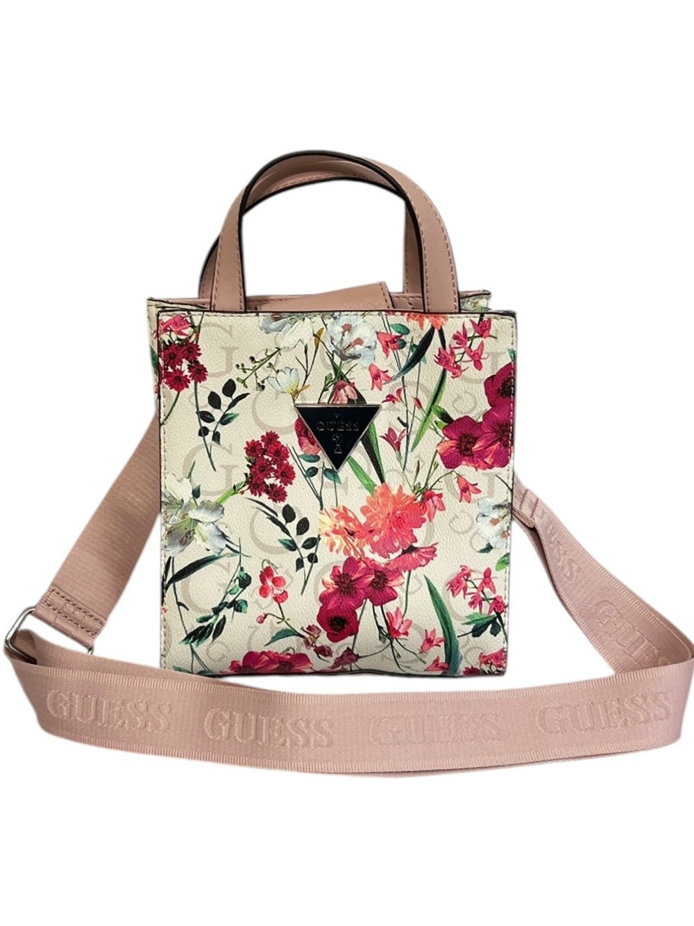 GUESS Lyle Mini Crossbody Bag Women’s Pink Cream Shoulder Handbag Floral Purse
